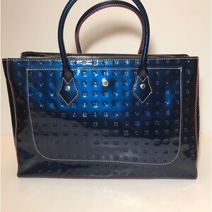 Arcadia Navy Blue Patent Leather Embossed Lrg Handbag Sm Tote Red Trim Nice